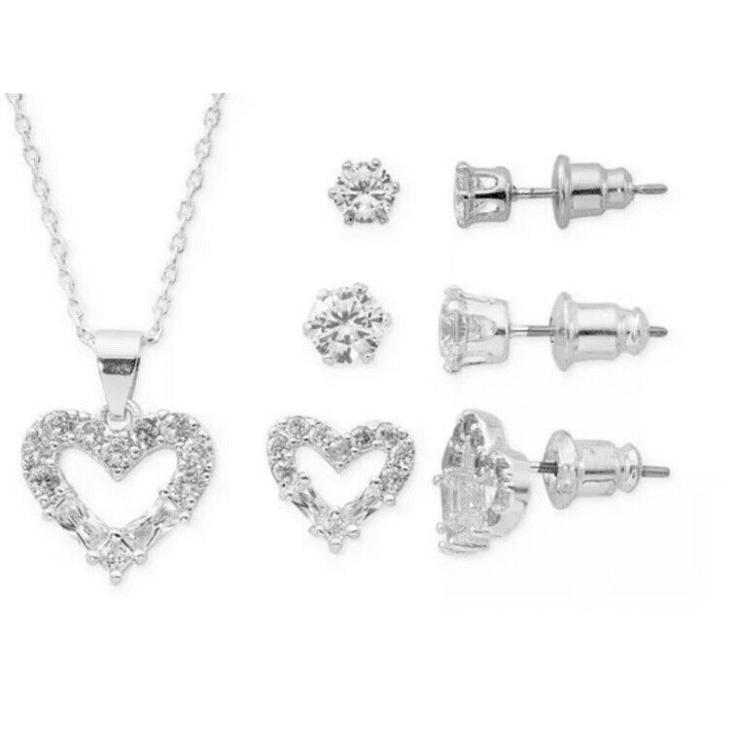 Silver Plated CZ Heart Necklace Earrings (4pc Set) Trendy Fashion Style NWT Vday