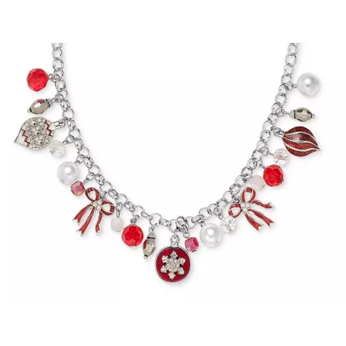 Silver Tone Faux Pearl Xmas Ornament Necklace Christmas Chic Holiday Snowflake