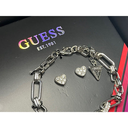 Guess Silver Tone Heart Charm Bracelet Earrings (3pc Set) Fashion Stylish Vday