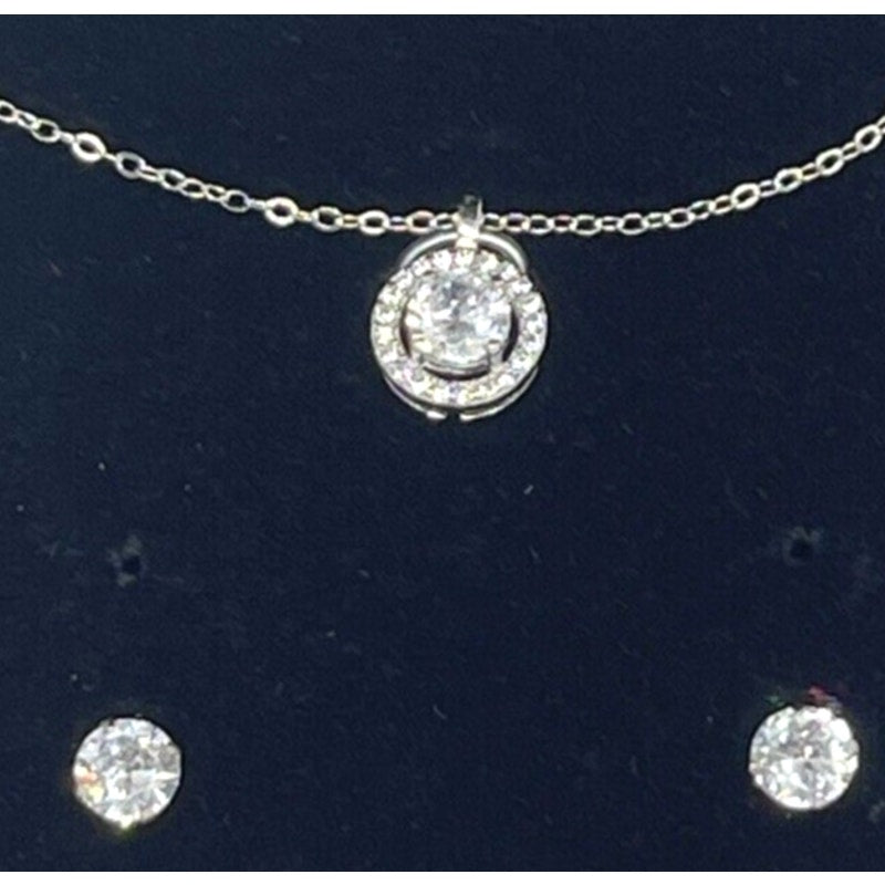 Sterling Silver CZ Halo Necklace Earrings (2pc Set) Stunning Chic Fashion Trendy