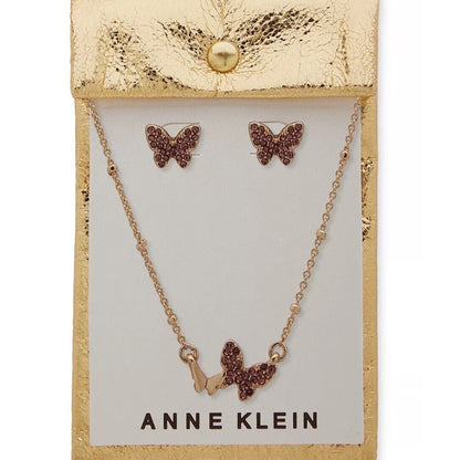 Anne Klein Gold Tone Crystal Butterfly Necklace Earrings (2pc Set) Chic Trendy