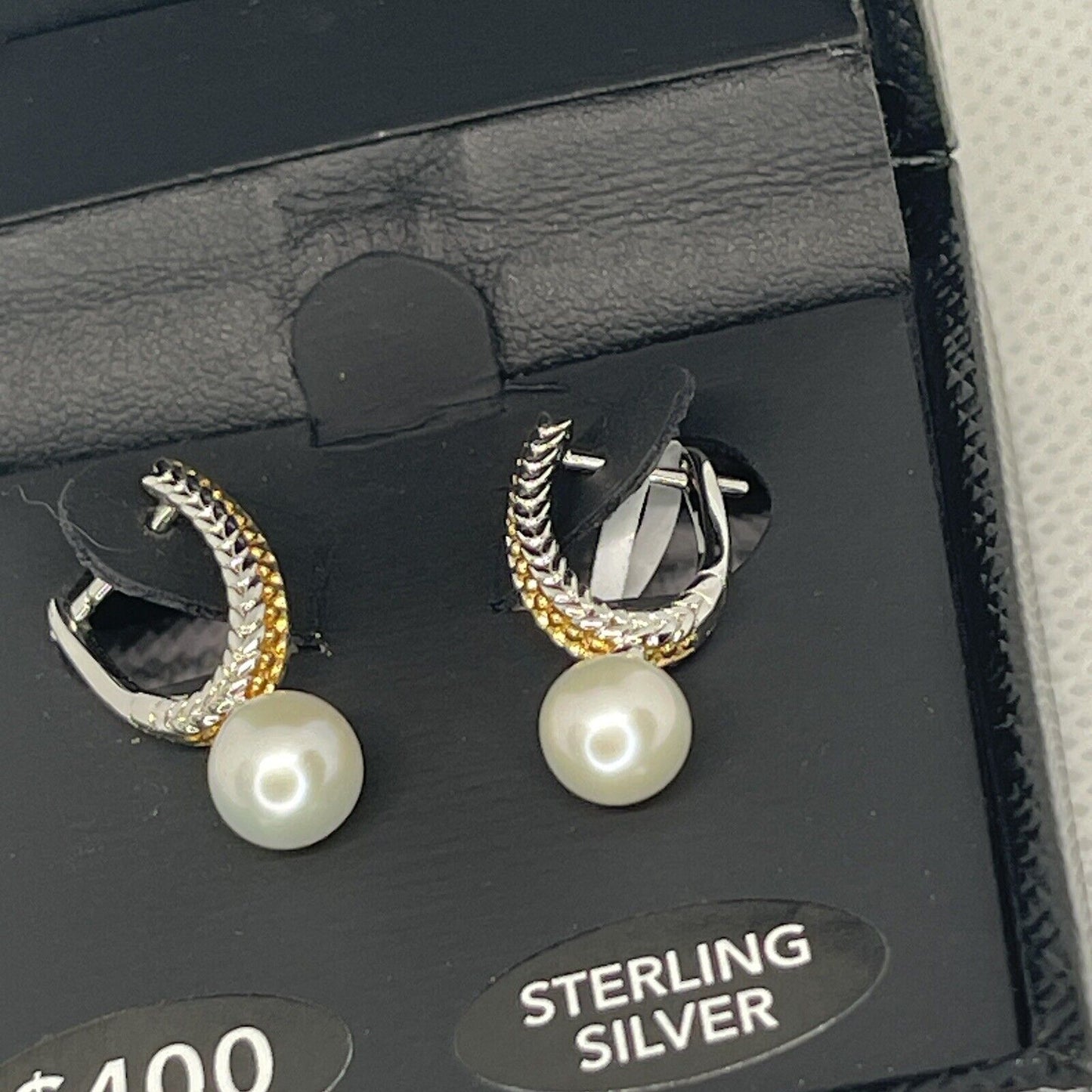 Two Tone Pearl (6mm) Earrings 14K Gold Vermeil Luxury Chic Fashion Stunning NWT