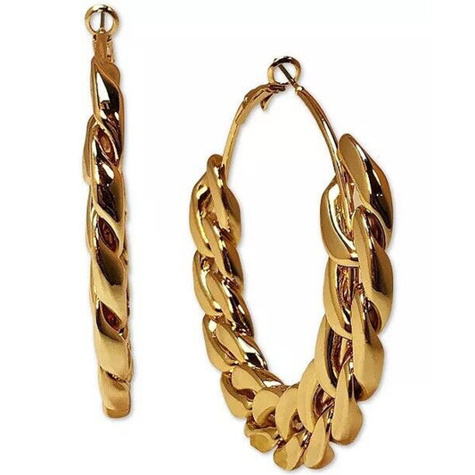 Gold Tone Statement Chain Hoop Earrings 3" Chic Style Fashion Elegant Shiny NWT