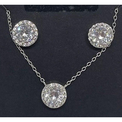 Sterling Silver CZ Necklace Earrings (2pc Set) Chic Glitz Trendy Stylish Vday