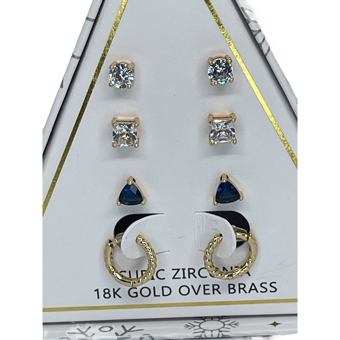 18K Gold Plate CZ Earrings 4pc Set Xmas Tree Ornament Box Stud Chic Trendy NWT