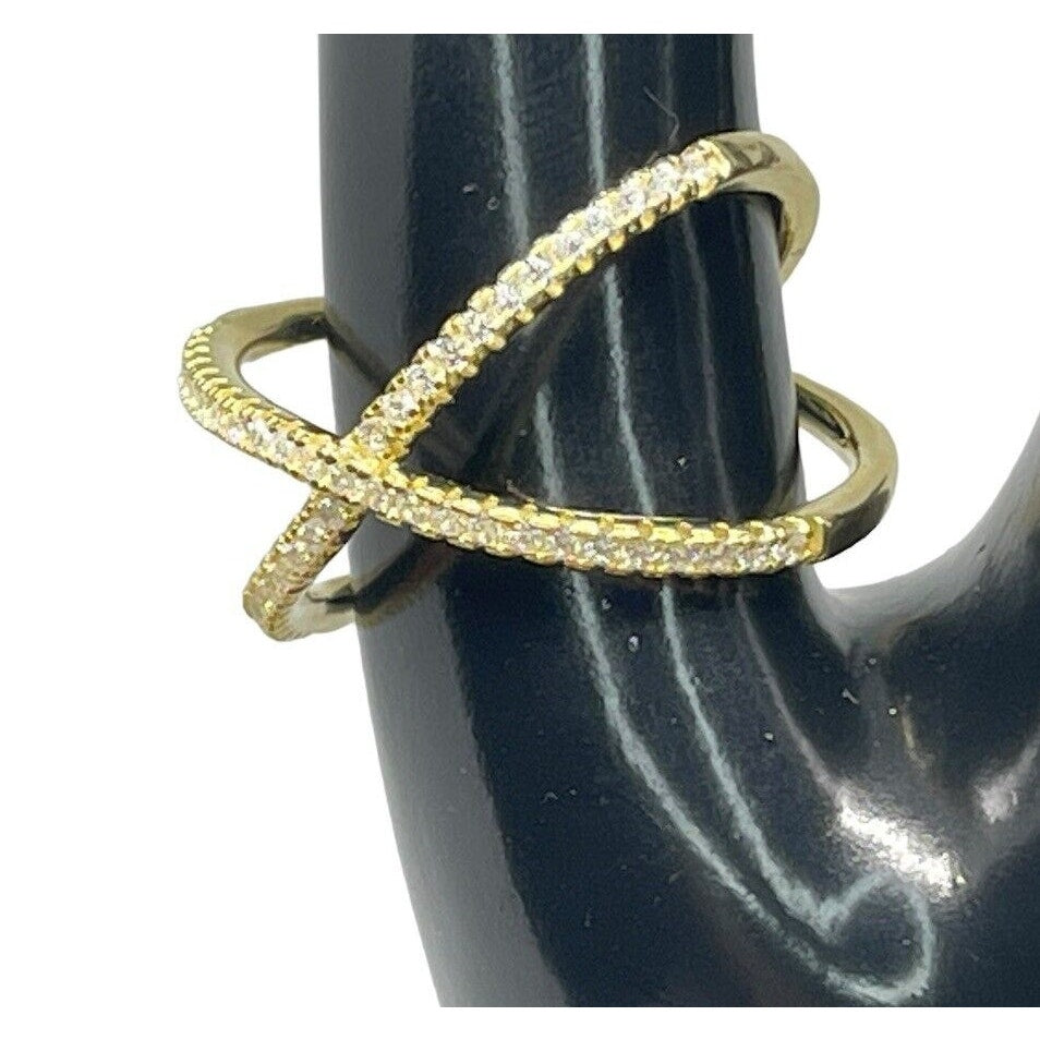 18K Gold Vermeil Crisscross CZ Ring (Sz 9) Chic Stylish Fashion Trendy Cocktail