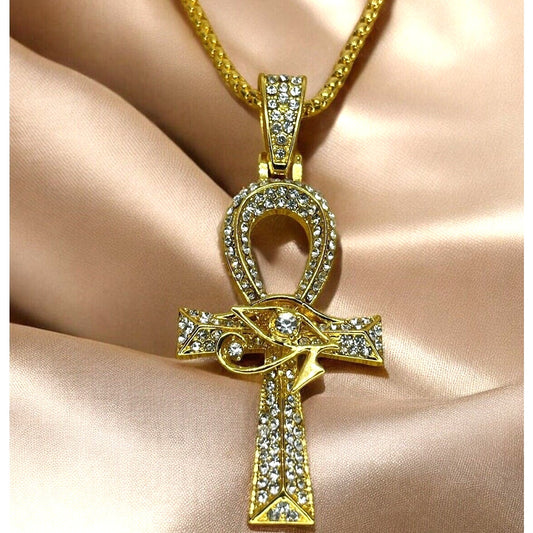 Gold Tone Crystal Cross Ahnk Pendant Necklace 23” Style Faith Bling Shiny NWT