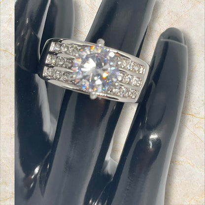 Silver Plated CZ Triple Row Ring (Sz 9) Statement Chic Shiny Trendy Stunning NWT