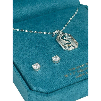 Silver Plated 'S' Initial Charm Necklace Earrings (2pc Set) Solitaire Stud Vday