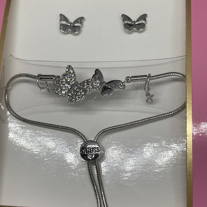 Guess Silver Tone Butterfly Bracelet Earrings (2pc Set) Fashion Chic Trendy Vday