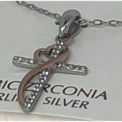 Two Tone Sterling Silver Cross Heart Pendant Necklace CZ Faith Fashion NWT Vday