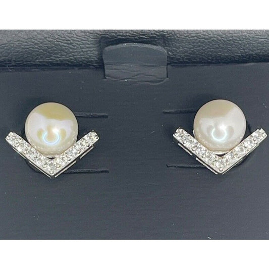 Pearl (7mm) Sterling Silver Earrings Lab Sapphire Luxury Fashion Studs Trendy