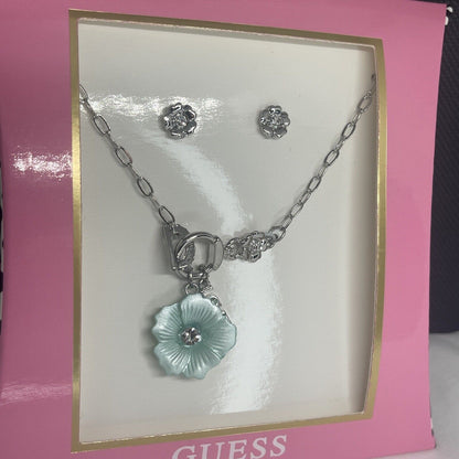 Guess Silver Tone Crystal Floral Necklace Earrings (2pc Set) Trendy Fashion Vday