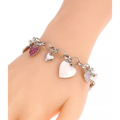 Silver Tone Crystal Heart Charm Bracelet Style Trendy Stunning Fashion Chic Vday