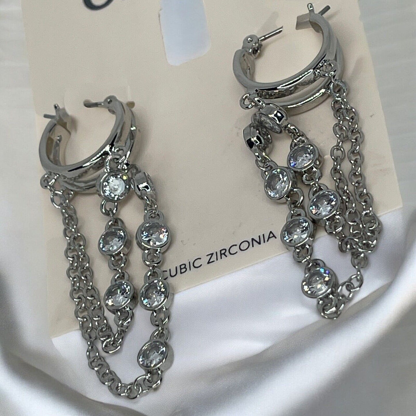 Silver Tone CZ Chain Drop Earrings Statement Chic Stunning Trendy Fashion Style