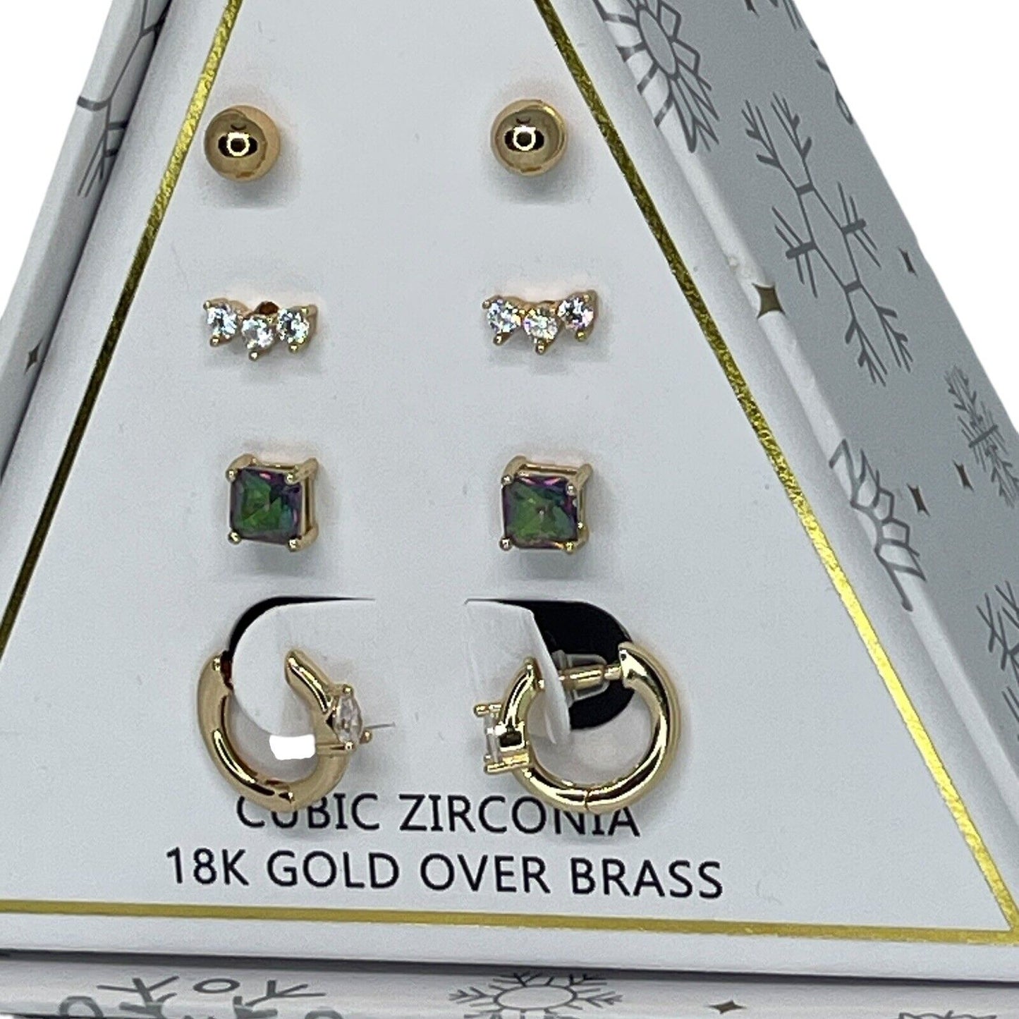 18K Gold Plate CZ Earrings 4pc Set Chic Xmas Ornament Box Fashion Stunning NWT