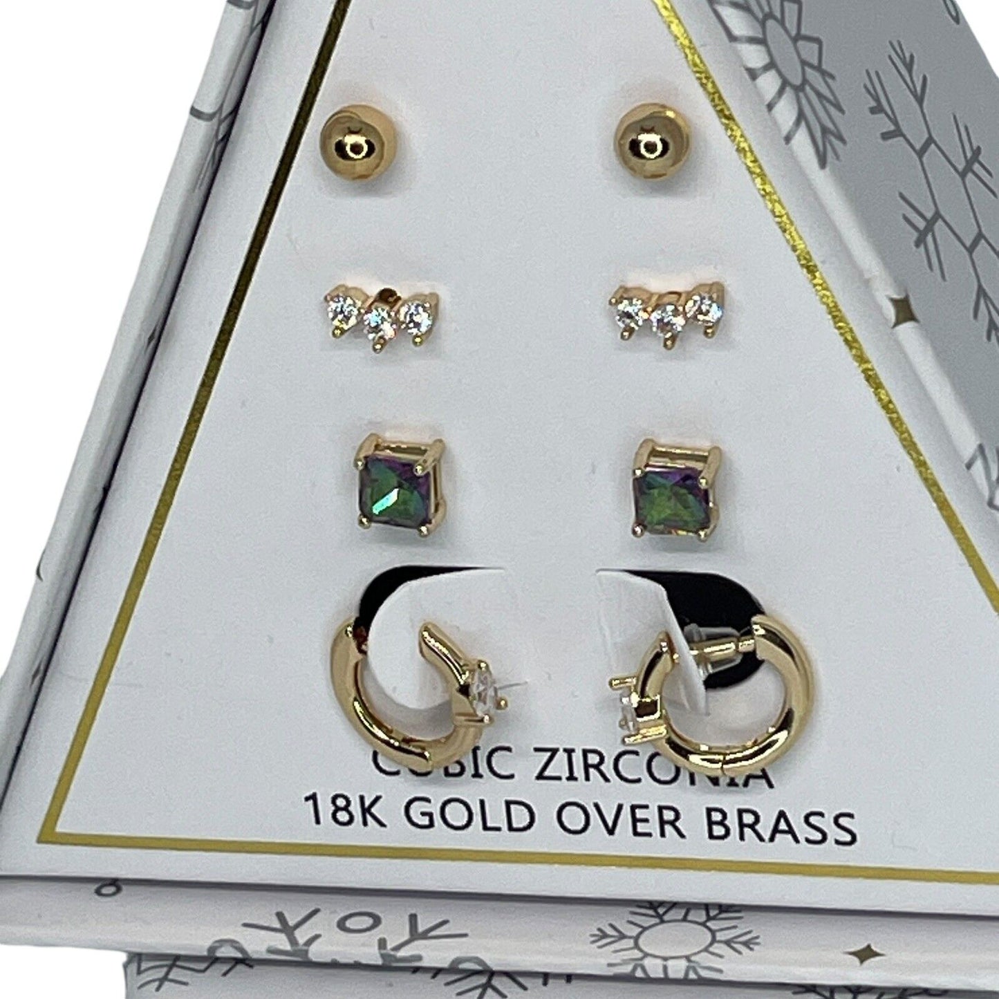 18K Gold Plate CZ Earrings 4pc Set Chic Xmas Ornament Box Fashion Stunning NWT