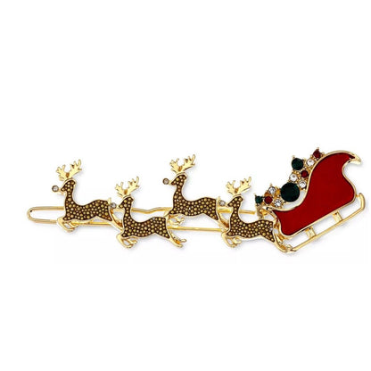 Gold Tone Crystal Xmas Santa Sleigh Barrette Hair Clip 2pc Set Reindeer Chic NWT