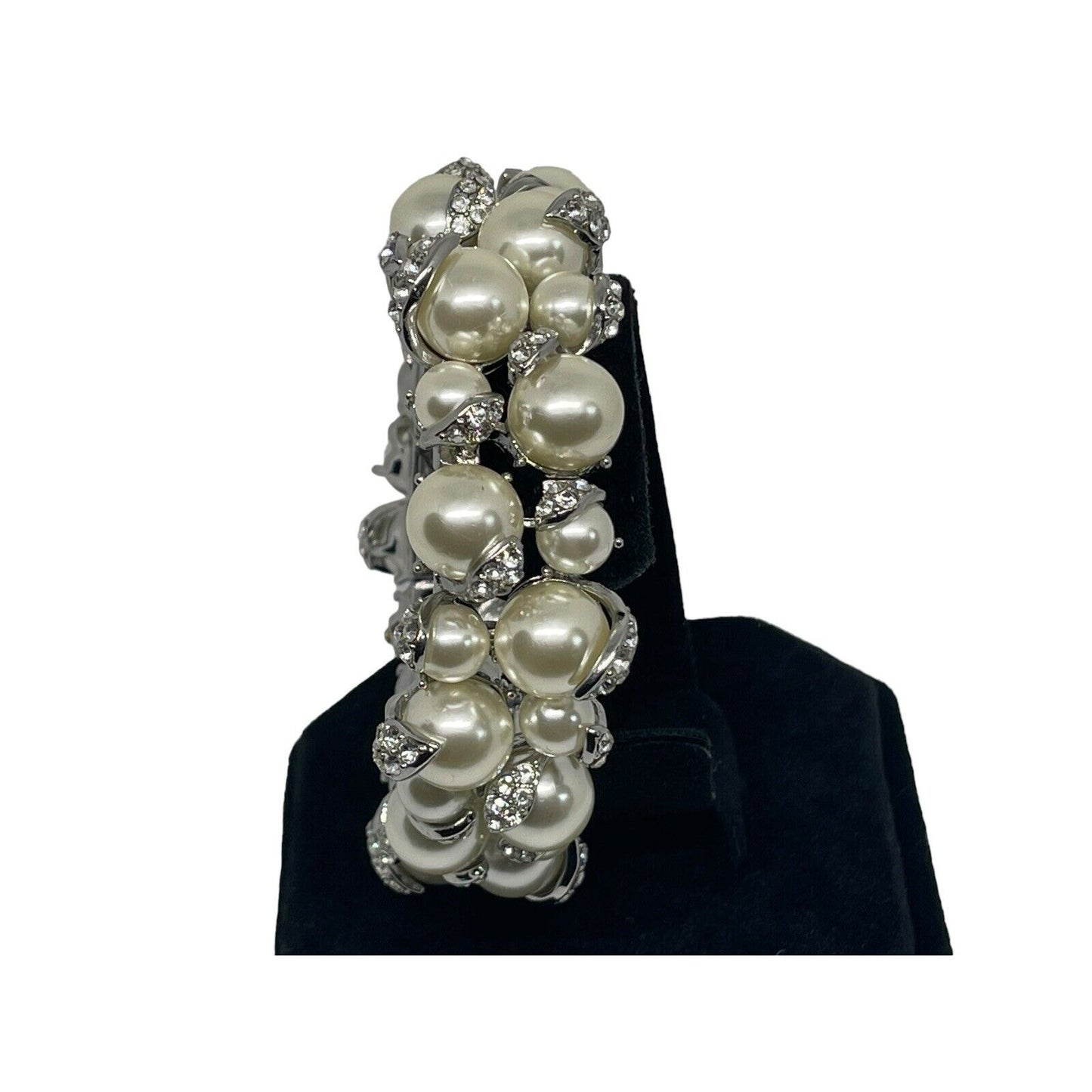 Silver Tone Faux Pearl Crystal Bracelet Stunning Trendy Elegant Intricate Chic