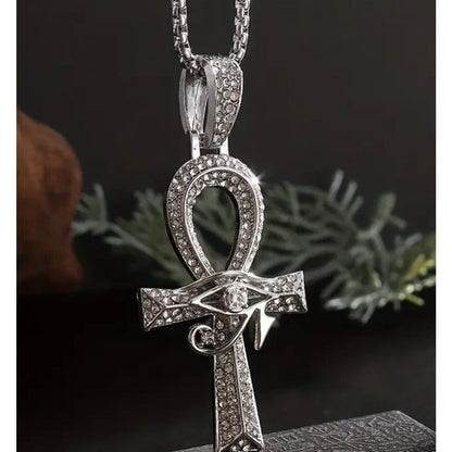 Silver Tone Crystal Cross Ahnk Pendant Necklace 23” Style Faith Bling Shiny NWT