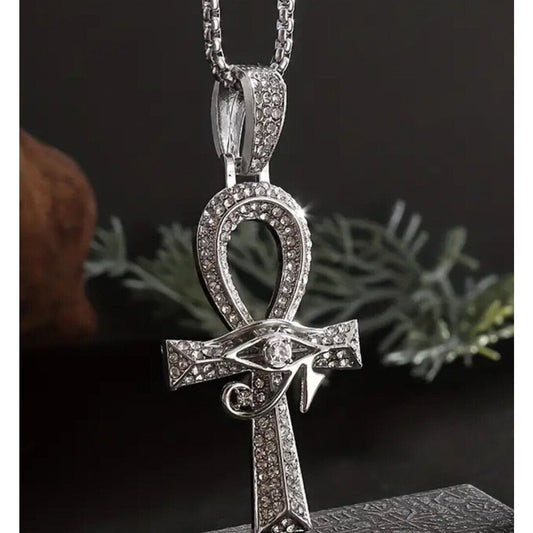 Silver Tone Crystal Cross Ahnk Pendant Necklace 23” Style Faith Bling Shiny NWT