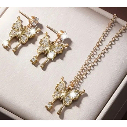 Gold Tone Crystal Butterfly Charm Necklace Earrings (2pc Set) Chic Trendy Style