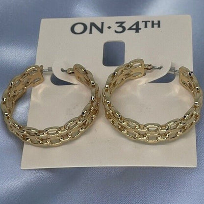 Gold Tone Chain Hoop Earrings Elegant Chic Style Fashion Trendy Ladies Jewelry