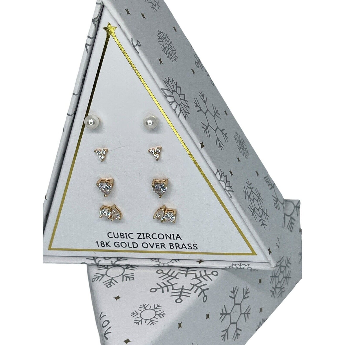 18K Gold Plate Faux Pearl CZ Earrings 4pc Set Xmas Ornament Box Elegant Chic NWT