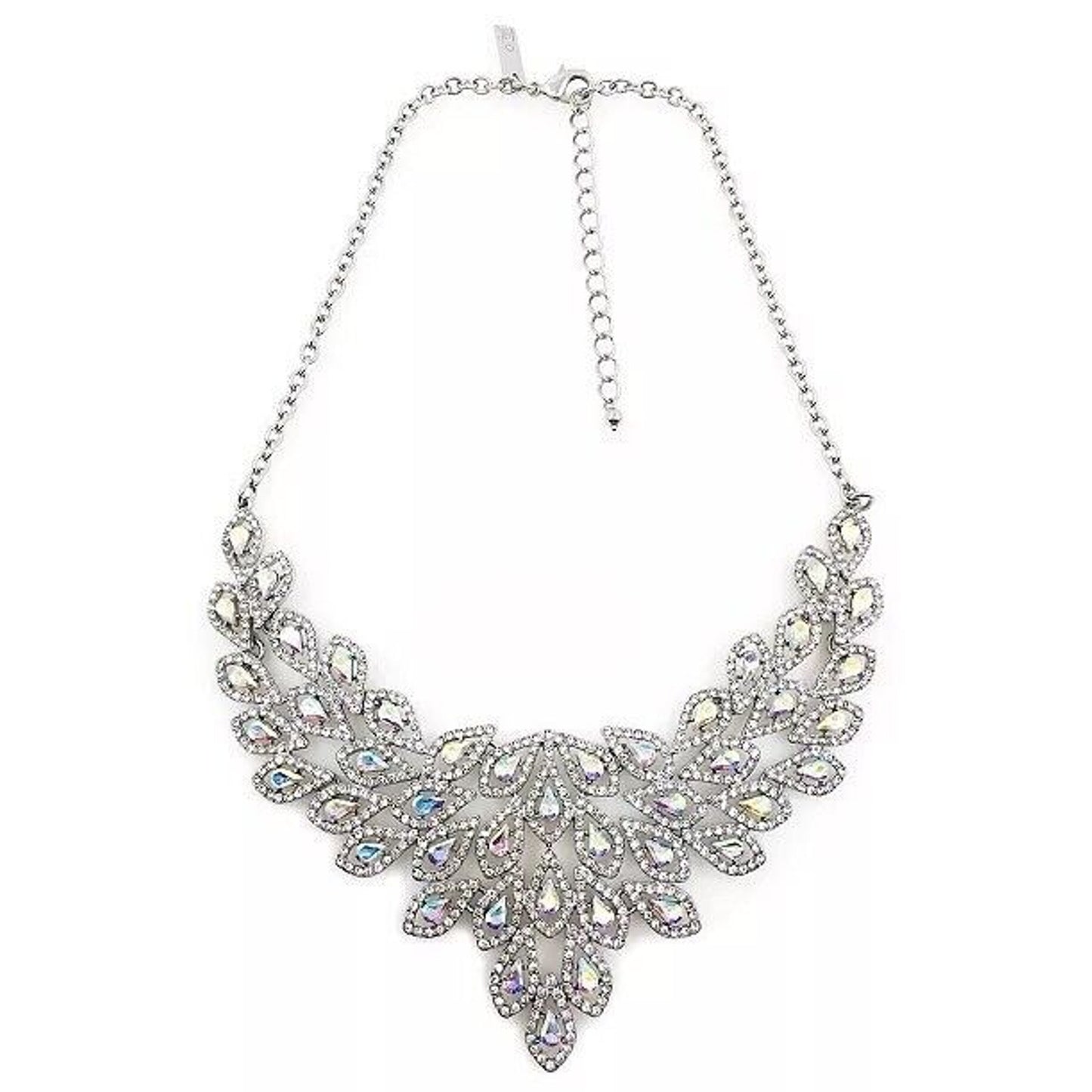 Silver Tone Crystal Teardrop Statement Necklace Stunning Elegant Glitz Intricate