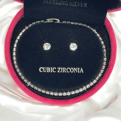 Sterling Silver CZ Tennis Bracelet Earrings (2pc Set) Trendy Fashion Style Vday