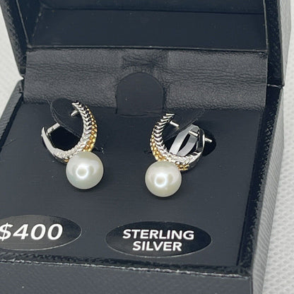 Two Tone Pearl (6mm) Earrings 14K Gold Vermeil Luxury Chic Fashion Stunning NWT