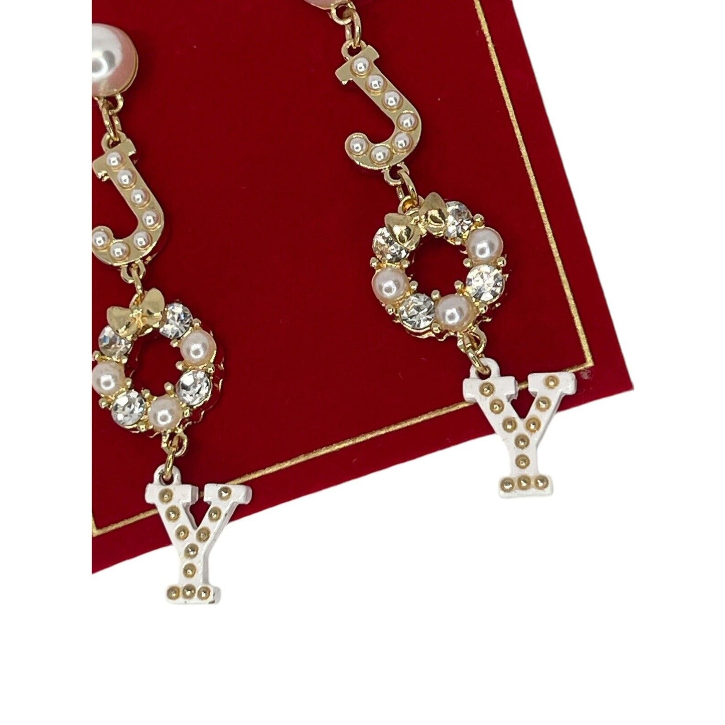 Gold Tone Crystal Faux Pearl Xmas Joy Earrings Elegant Bow Holiday Christmas NWT