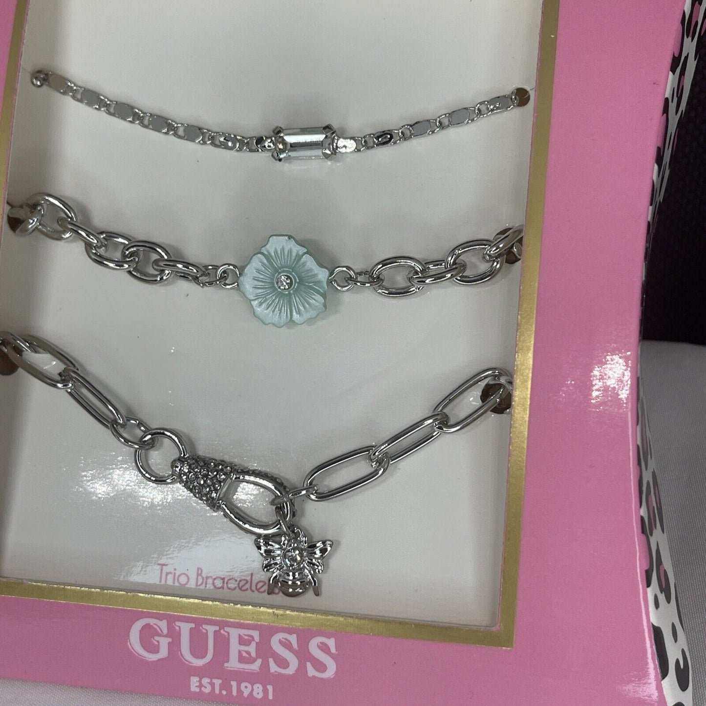 Guess Silver Tone Bracelet (3pc Set) Floral Bee Chic Trendy Fashion Stylish Vday