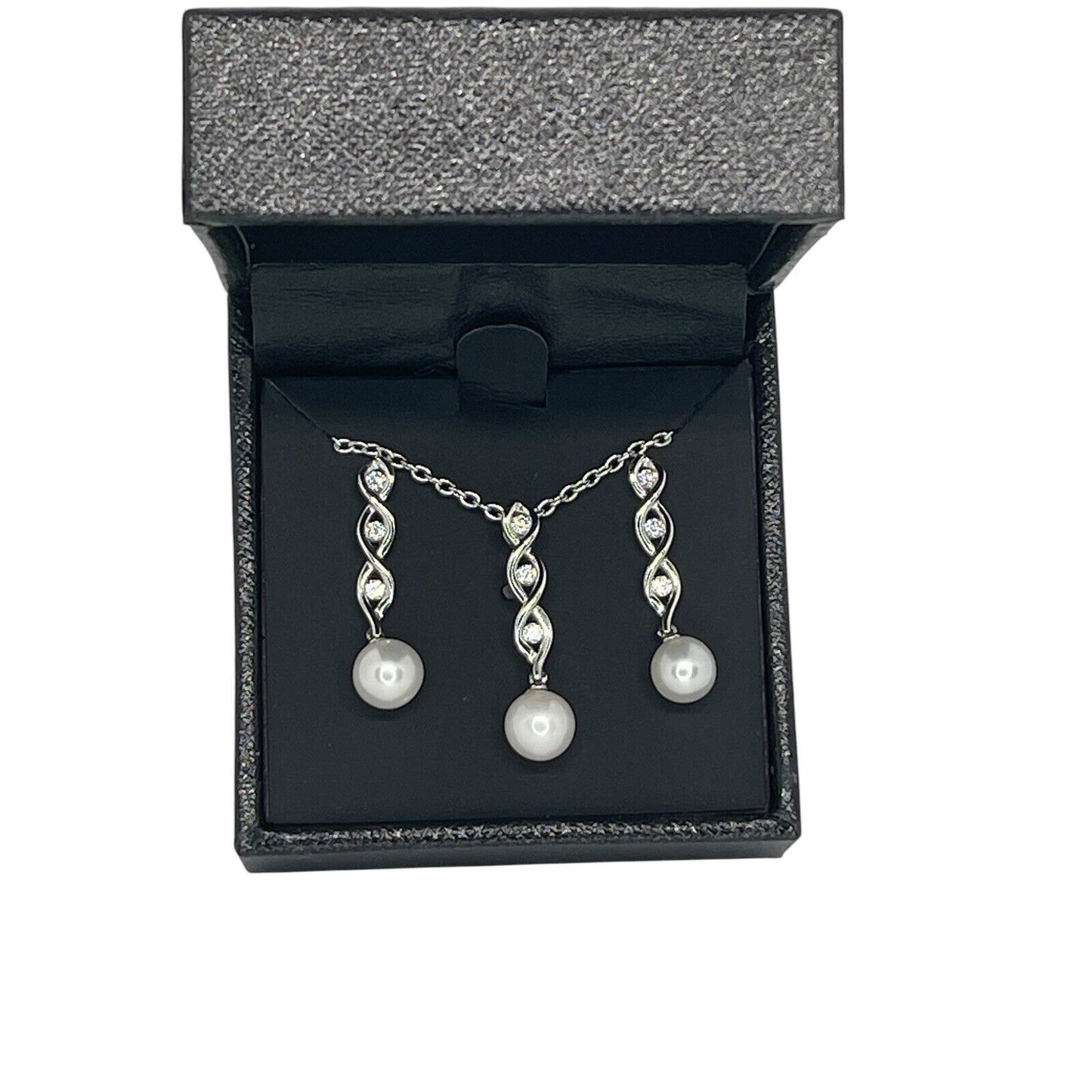 Sterling Silver Pearl (7mm) Necklace Earrings (2pc Set) CZ Trendy Luxury Vday