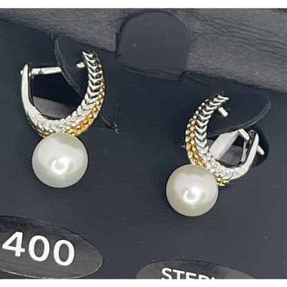 Two Tone Pearl (6mm) Earrings 14K Gold Vermeil Luxury Chic Fashion Stunning NWT