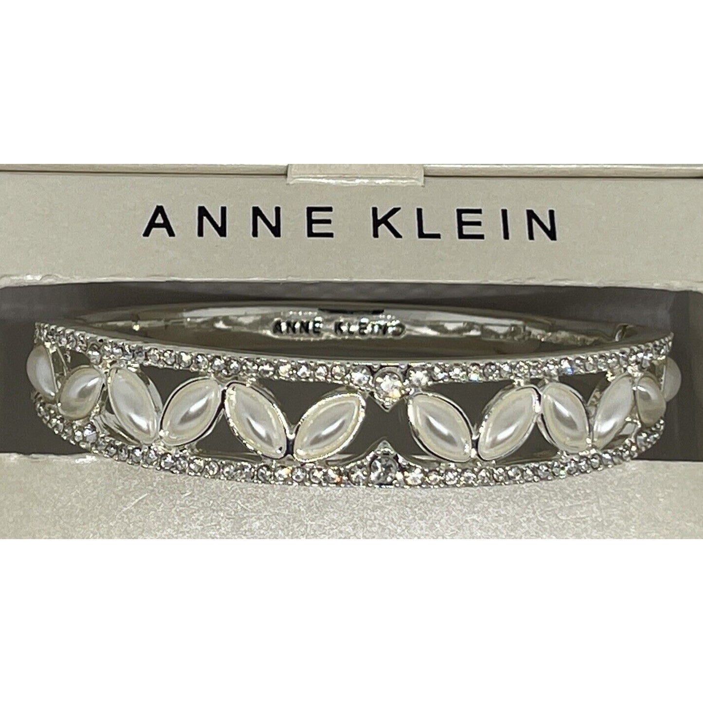 Anne Klein Silver Tone Faux Pearl Crystal Bangle Bracelet Open Work Elegant Chic