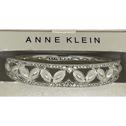 Anne Klein Silver Tone Faux Pearl Crystal Bangle Bracelet Open Work Elegant Chic