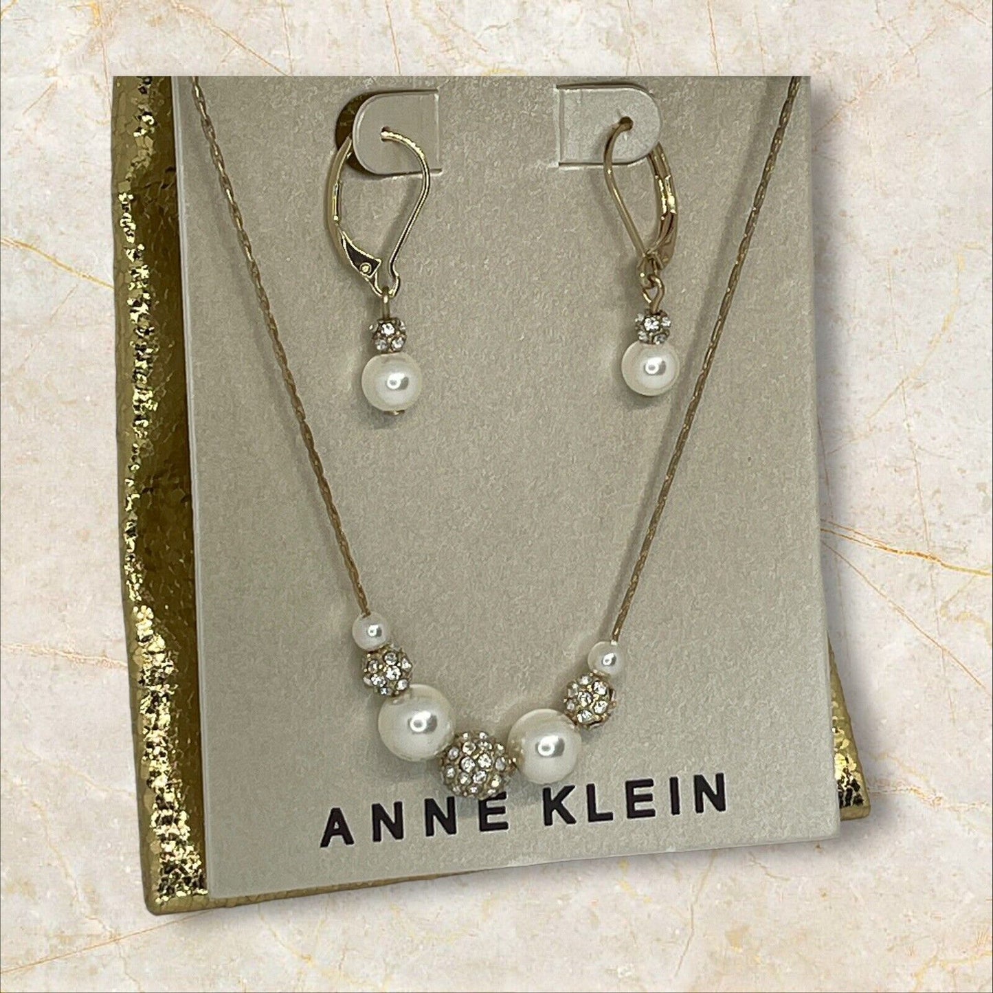 Anne Klein Intricate Faux Pearl Necklace Earrings 2 Pc Set Crystal Gold Tone NWT