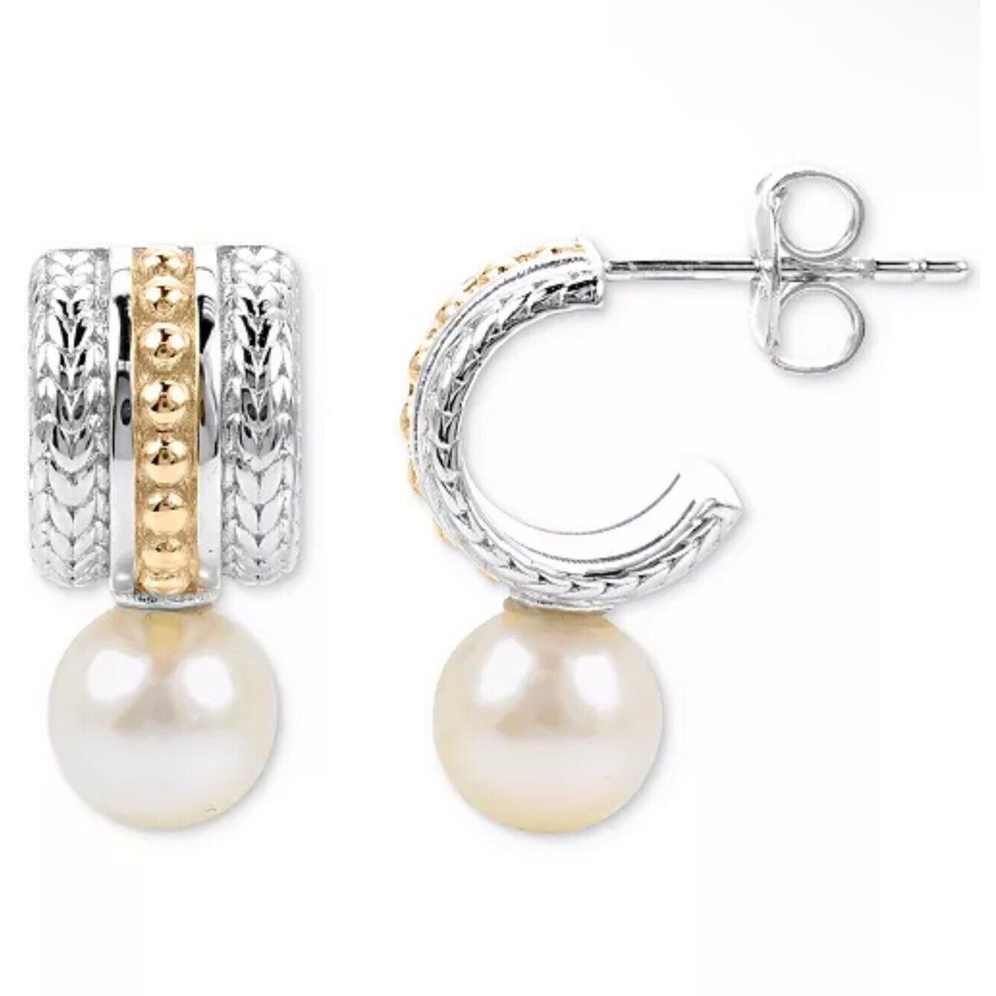 Pearl (7mm) Two Tone Huggie Hoop Earrings 14K Gold Vermeil Luxury Trendy Stylish