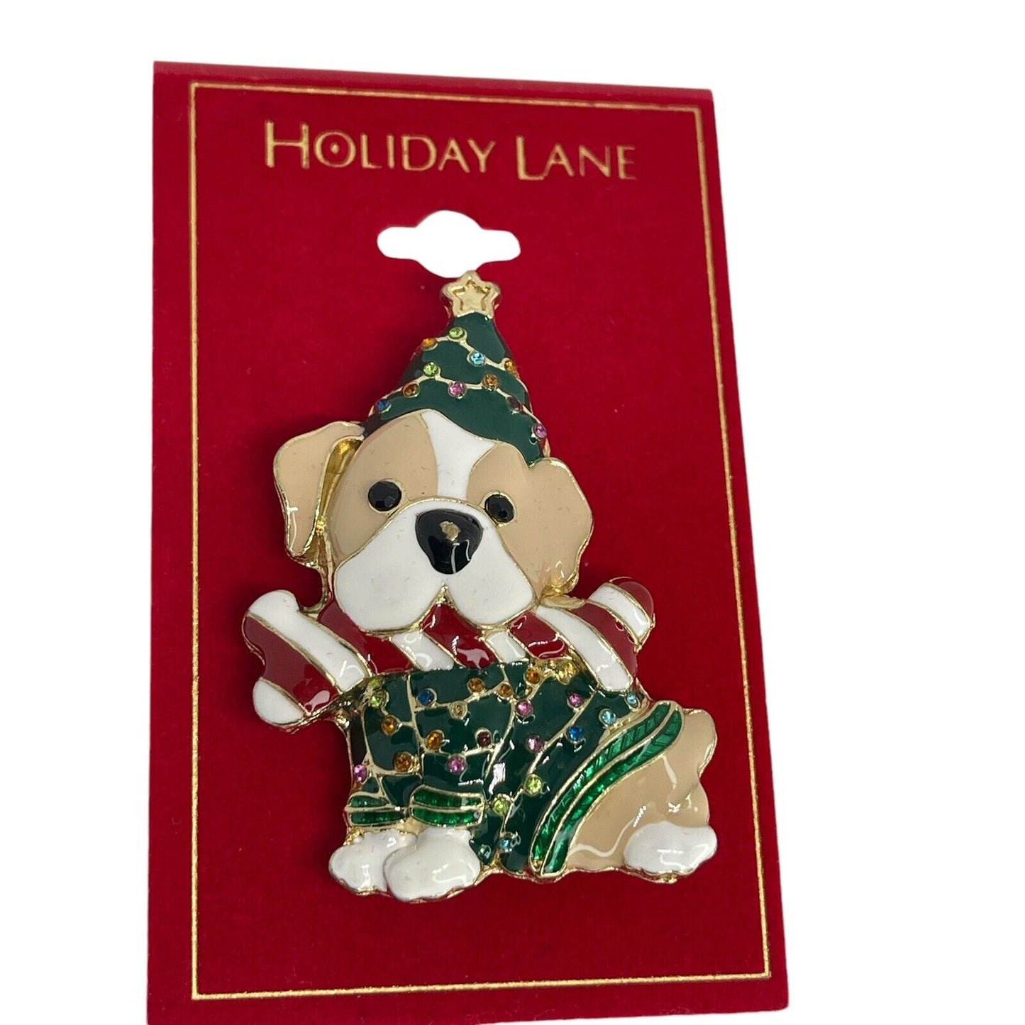 Gold Tone Puppy Xmas Tree Brooch Crystal Christmas Holiday Winter Fashion NWT