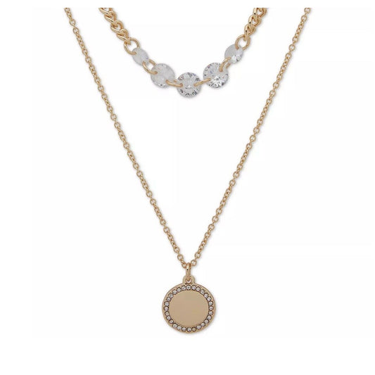 DKNY Gold Tone Crystal Disc Pendant Necklace Layered Stylish Fashion Trendy Chic