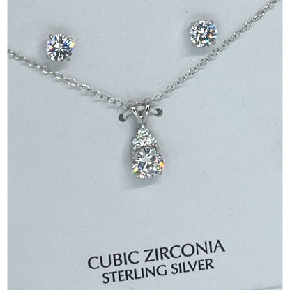 Sterling Silver CZ Necklace Earrings (2pc Set) Stunning Fashion Trendy NWT Vday