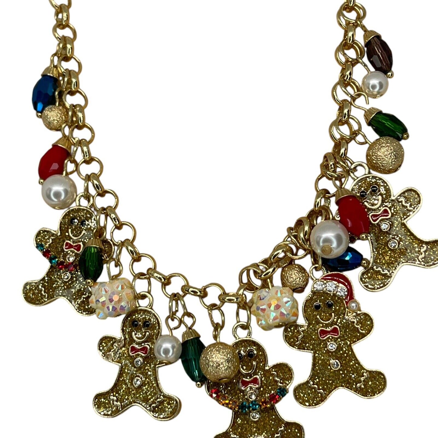 Gold Tone Faux Pearl Gingerbread Man Necklace Christmas Holiday Elegant Xmas NWT