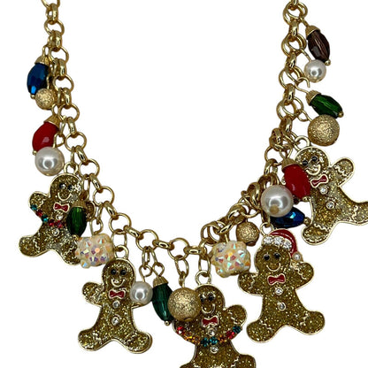 Gold Tone Faux Pearl Gingerbread Man Necklace Christmas Holiday Elegant Xmas NWT