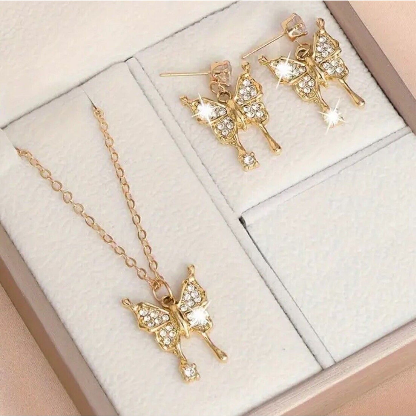 Gold Tone Crystal Butterfly Charm Necklace Earrings (2pc Set) Chic Trendy Style