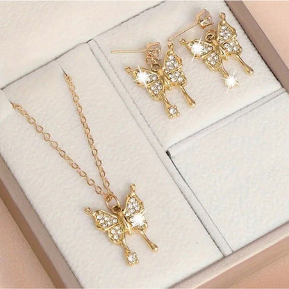 Gold Tone Crystal Butterfly Charm Necklace Earrings (2pc Set) Chic Trendy Style