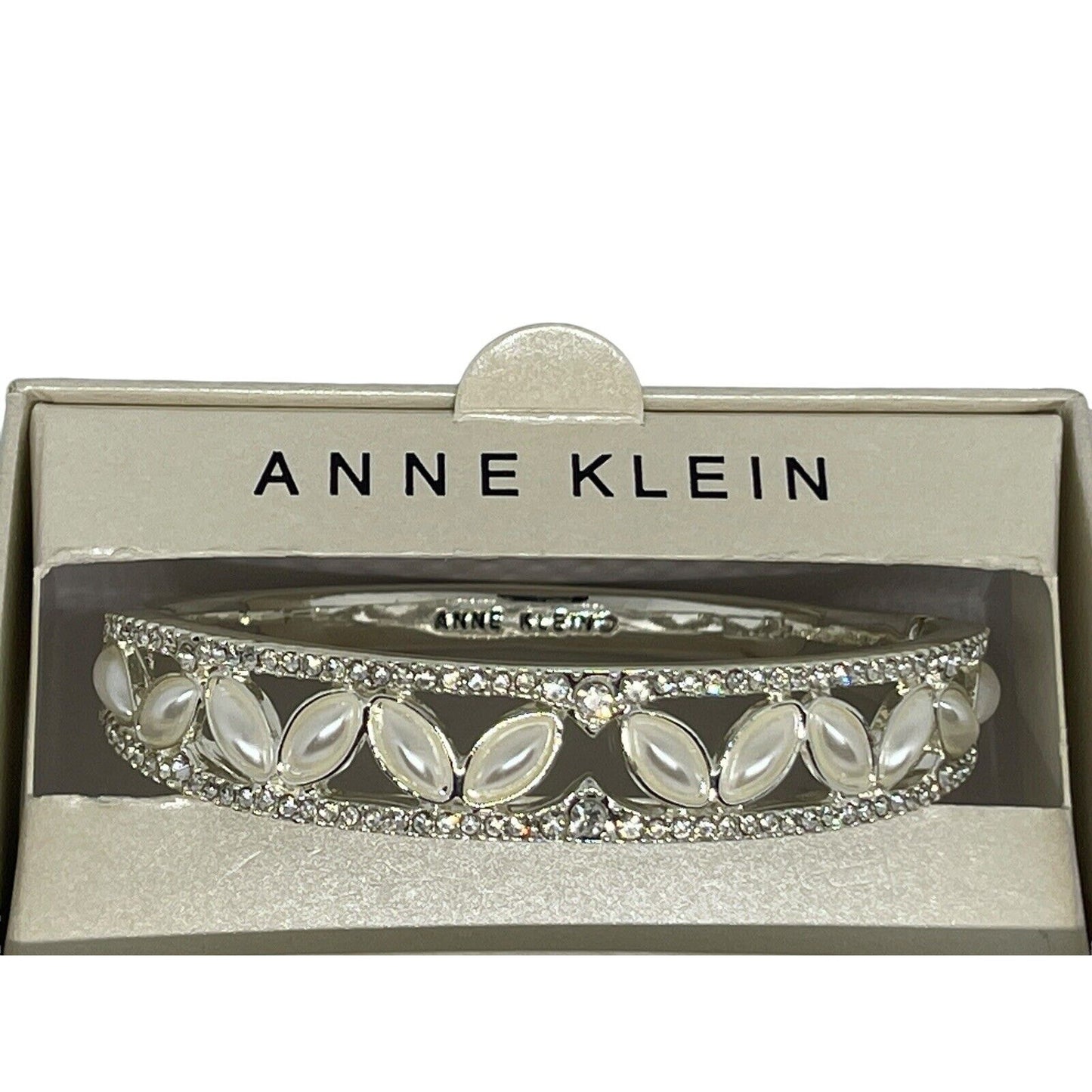 Anne Klein Silver Tone Faux Pearl Crystal Bangle Bracelet Open Work Elegant Chic