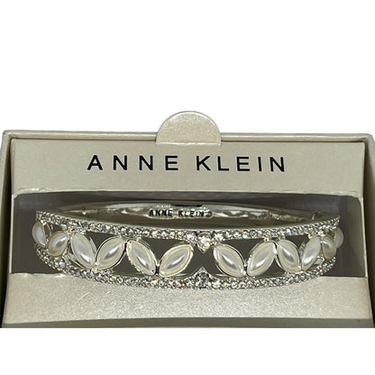 Anne Klein Silver Tone Faux Pearl Crystal Bangle Bracelet Open Work Elegant Chic