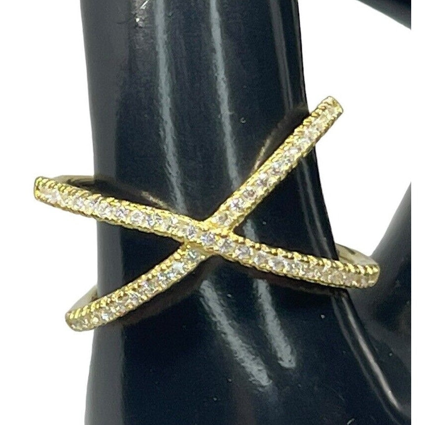 18K Gold Vermeil Crisscross CZ Ring (Sz 9) Chic Stylish Fashion Trendy Cocktail