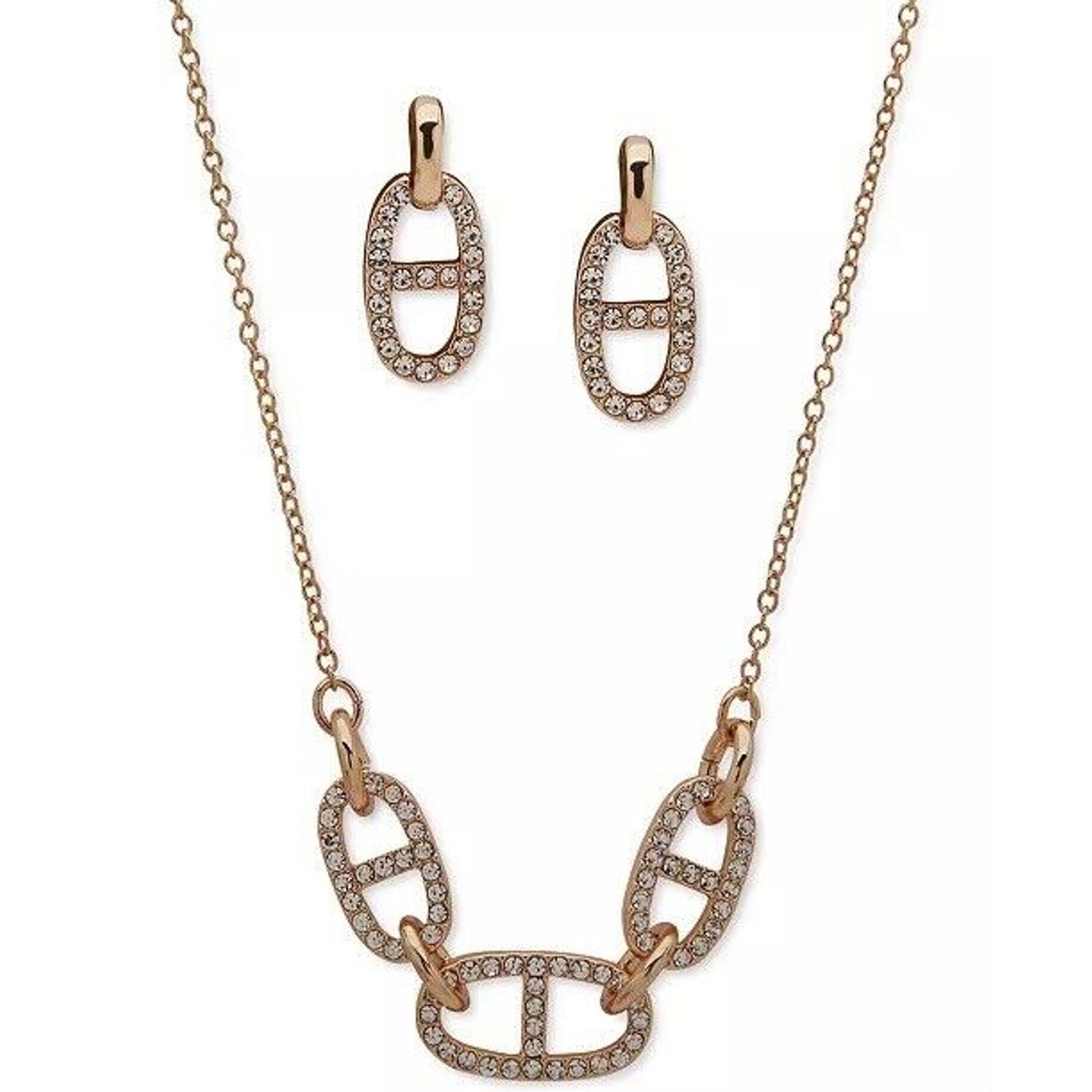 Anne Klein Gold Tone Crystal Necklace Earrings (2pc Set) Chain Link Trendy Chic